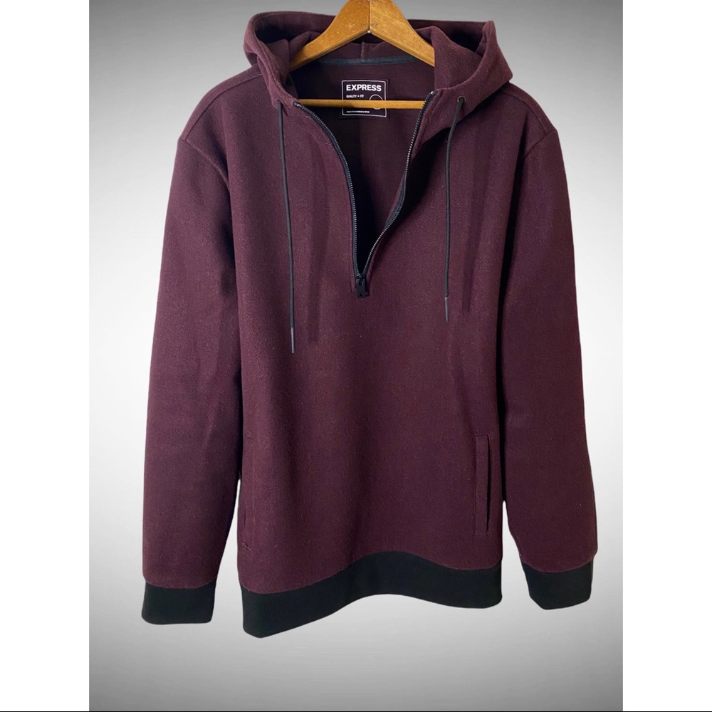 Express Mens Hoodie Red Pullover Kangaroo Pocket Quarter Zip Drawstring L